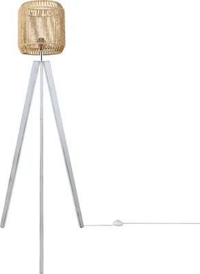 Produktbild von Stehlampe Modern Wohnzimmer Schlafzimmer Rattan Optik Boho Korb Stehleuchte E27 Lampenschirm Natur (Ø28 cm) Lampenfuß Stehleuchte Weiß