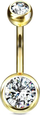 Produktbild von viva-adorno 1,6 x 10 x 5+8 mm Bauchnabel Piercing Banane Titan G23 Bananabell Doppel Kristall Kugeln Zirkonia Z323, gold/klar