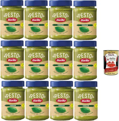 Produktbild von Barilla Pesto Vegan – 12 × 195 g Glas, Basilikum-Pesto ohne Käse, V-Label, 100% italienisches Basilikum, cremig, Vorratspack + Italian Gourmet polpa