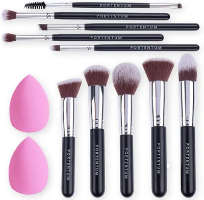 Obrázok produktu pre Sada štetcov na make-up 12 kusov, 10 štetcov + 2 príslušenstvo, syntetické, na make-up, púder, očné tiene