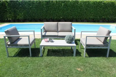Immagine prodotto di Salotto 4 posti in alluminio per esterno divano poltrone e tavolino con cuscini Eracle -  Beige