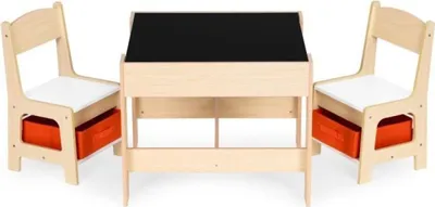 Produktbild von EcoToys ZKC-1C Kindermöbel-Set, Tisch + 2 Stühle mit Aufbewahrungsboxen und Kreidetafel