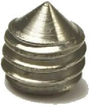 A close-up, studio shot of a single metal screw with a conical tip and threaded body.