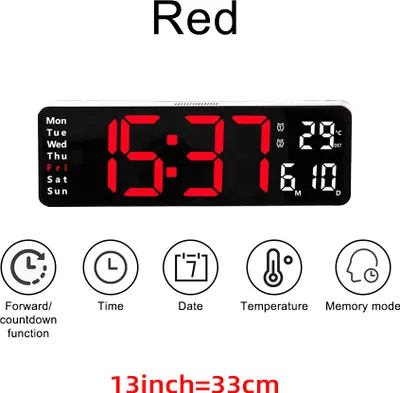 Obrázok produktu pre Veľké digitálne nástenné hodiny LED, diaľkové ovládanie, zobrazenie teploty, dátumu, týždňa, pamäťová tabuľka, montáž na stenu, dva elektronické budíky, 13 INCH, červené