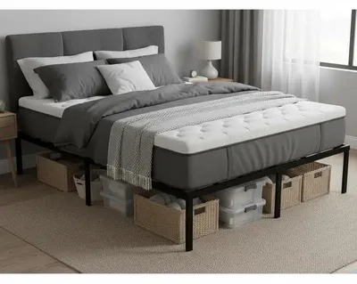 Image de Structure de lit king size avec espace de rangement et sommier à lattes