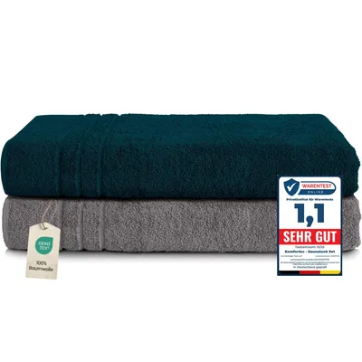 Produktbild von Komfortec 2er Saunatuch Set 80x200 cm aus 100% Baumwolle, XXL-Saunatücher, Sauna Handtuch, Weich, Groß, Frottee, Schnelltrocknend, Anthrazit Grau/Petrol