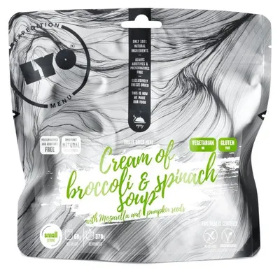 Produktbild von Gefriergetrocknete Suppe Lyo Food (223) Brokkoli-Spinat-Cremesuppe mit Mozzarella und Kürbiskernen