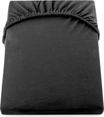 A folded black fitted sheet is shown from a top-down perspective.