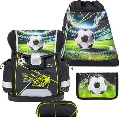 A collection of school supplies with a soccer theme.