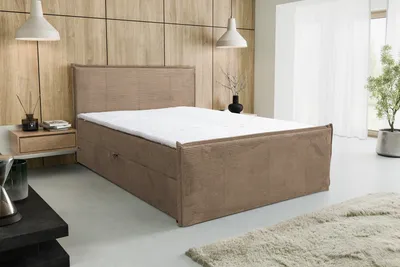 A bedroom setting with a bed and a nightstand.
