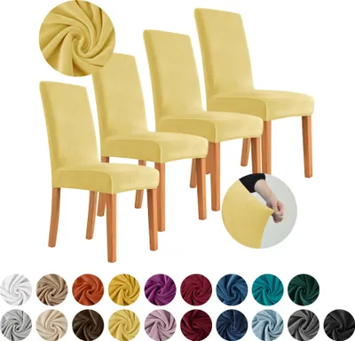 Produktbild von MEBLE ODNOWA, Stuhlhusse, Stuhlbezug, Standardgröße, Samt, Gelb, 4er Set, Velours, elastisch, Stuhlbezüge, Stuhlhussen, maschinenwaschbar