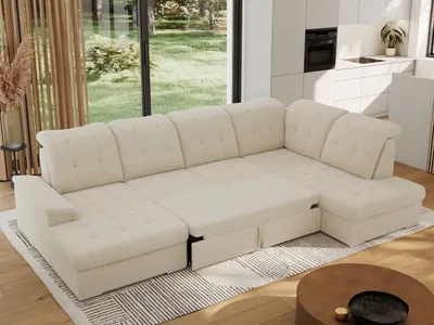 Produktbild von MKS MEBLE Ecksofa Wohnlandschaft U-Form, Sofa mit Schlaffunktion, Schlafsofa mit bettkasten, Couch mit Schlaffunktion - Beige Boucle - Madrito U - rechts