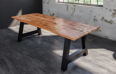 Produktbild von Esstisch Dora 260 x 100 cm, Mangoholz massiv, lackiert & naturfarben, Baumkantentisch mit A-Metallgestell in Mattschwarz, echte Baumkante, 26 mm