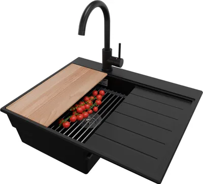 Produktbild von PRIMAGRAN Granitspüle Schwarz 62x50cm, Spülbecken 1 Becken + Küchenarmatur 32x20cm + Ablauf-Set + Küchenzubehörset, Küchenspüle ab 40er Unterschrank - Sydney