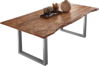 Produktbild von Esstisch 160 x 85 cm Norina, Mangoholz massiv, lackiert & naturfarben, Baumkantentisch mit U-Metallgestell in Silber, echte Baumkante