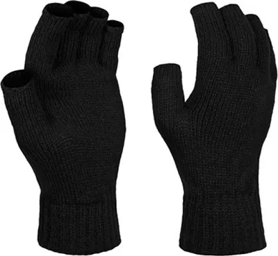 Two black fingerless gloves are shown against a white background.
