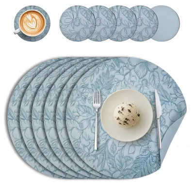 6er-Set runde Platzsets & Untersetzer, Kunstleder, hellblau