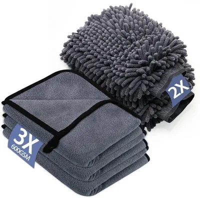 Zdjęcie produktu dla Zestaw do pielęgnacji samochodu Ibzoa® (5 elementów) – 3 ściereczki z mikrofibry + 2 gąbki z weluru, 600 g/m², 30 x 40 cm, kolor szary – do czyszczenia i polerowania