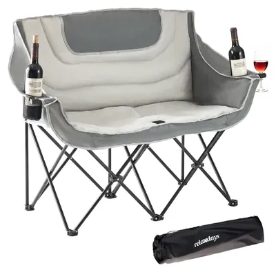 Obrázok produktu pre Relaxdays Kempingová lavica, skladateľná, s taškou na prenášanie, držiakom na nápoje, nosnosť 272 kg, dvojmiestna kempingová stolička, polyester a kov, sivá