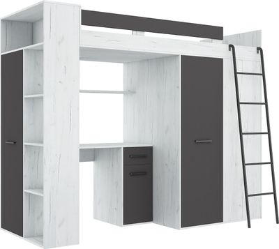 Podkrovná posteľ VERANA R (pravá) Poschodová posteľ Predsieň 90x200 Šatníková skriňa Policové schody CRAFT WHITE / GRAPHITE