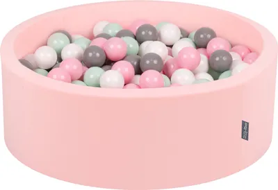 Zdjęcie produktu dla KiddyMoon suchy basen okrągły z piłeczkami 7cm różowy: biały-szary-mięta-pudrowy róż 90x30cm/200piłek zabawka basen piankowy