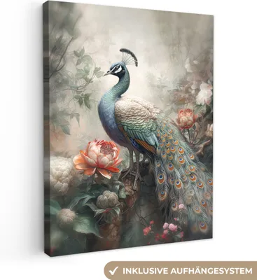 Produktbild von MuchoWow® - Leinwandbilder - Pfau - Pfauenfedern - Vogel - Dschungel - Blumen, Wandbild, Wanddeko Bilder Wohnzimmer, 90x120cm