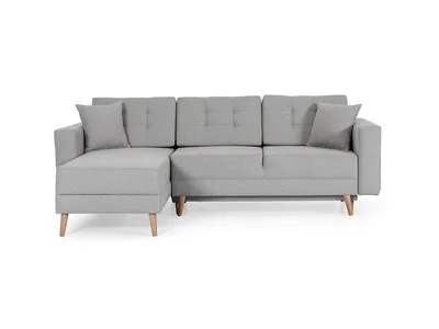 A light gray sectional sofa with wooden legs is shown against a white background.
