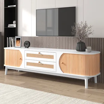 Produktbild von Merax TV-Schrank mit 2 Schubladen und 2 Bogenschiebetüren, Lowboard mit Rattan-Geflecht, Breite 170cm, Weiß