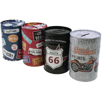 Produktbild von jameitop® $ 4er Set USA SPARDOSE 12 cm Blech Nicht zu öffnen Dose Sparen Blechdose Route 66 Motorrad U.S Nummernschild