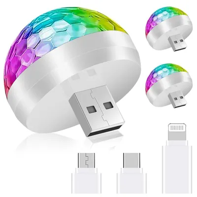 Zdjęcie produktu dla Światła dyskotekowe USB, zestaw 3 mini lamp dyskotekowych, mini lampy dyskotekowe RGB
