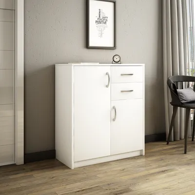Produktbild von Kommode mit 2 Schubladen und 2 Türen in matter Ausführung, Kommode 74cm breit Holz Schrank Sideboard Highboard Kommode mit Schubladen Weiß