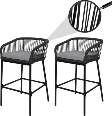 Zdjęcie produktu dla zestaw 2 stołków barowych Rope HWC-O22, stołek barowy, poduszka siedziska outdoor splot linowy metal ~ antracyt, poduszka jasnoszara