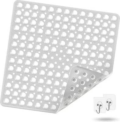 Zdjęcie produktu dla Mata antypoślizgowa do łazienki Unyqoos® o wymiarach 53 x 53 cm – mata pod prysznic i do wanny z przyssawkami, 2 haczykami, wolna od BPA, odporna na pleśń, można prać w pralce (PVC)
