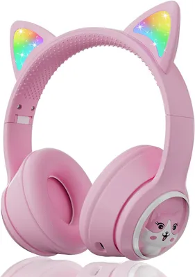 Produktbild von Bluetooth Kopfhörer Kinder, Faltbar 85dB Mädchen Kopfhörer Over Ear, Kabellos Kinderkopfhörer mit LED-licht Katzenohren und Mikrofon (Rosa)