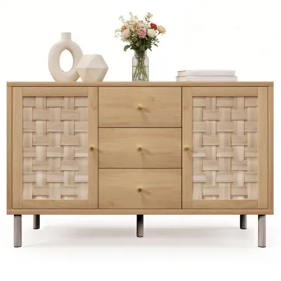 Produktbild von Kommode mit 2 Türen, 3 Schubladen, Höhenverstellbare Einlegeböden, Metallbeine, Sideboard für Wohnzimmer, Flur, Küche 120x40x75 cm