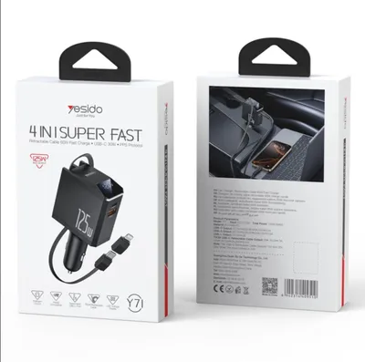 Productafbeelding van Yesido 125W-autolader met USB-C/USB-A-poorten en intrekbaar USB-C/Lightning-kabel