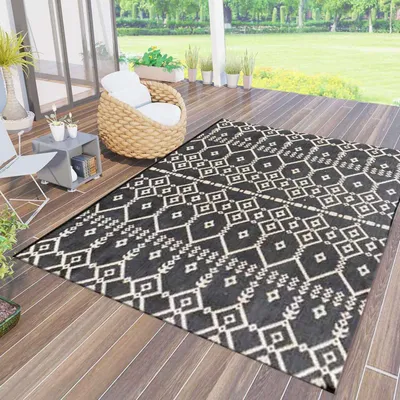 Produktbild von Teppich In- und Outdoor Flachgewebe Terrasse Balkon Wetterfest Wintergarten Robust BOHO geprägtes Design, Farbe:Schwarz, Maße:Ø 160 cm Rund