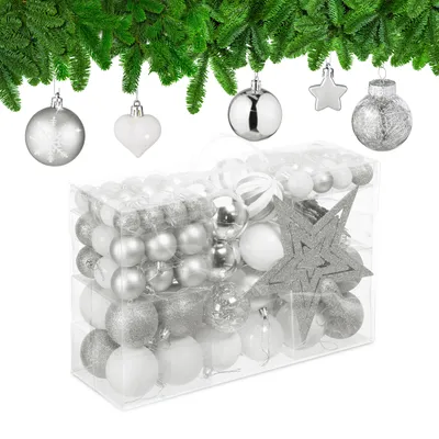 Produktbild von Relaxdays Weihnachtskugeln 101er Set, Kunststoff, Weihnachtsbaumdeko mit Kugeln & Spitze, Christbaumschmuck, silber/weiß