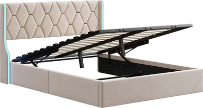 Image de Fortuna Lai Lit rembourré 140x190 cm, lit rembourré avec LED, lit double avec espace de rangement et sommier à lattes, en velours beige