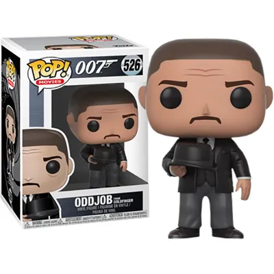 A Funko Pop! vinyl figure of Oddjob from the James Bond movie Goldfinger, shown in its packaging and also displayed outside of it.