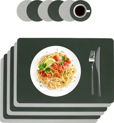 Produktbild von Relaxdays Platzdeckchen mit Untersetzern, 6er Set, Kunstleder, 30 x 43 cm, abwischbar, rechteckiges Tischset, grau/grün