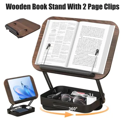 Image de Support en bois pour livres - Pupitre de lecture réglable - 2 pinces pour pages - Rotation à 360° - Pliable - Pour livres, tablettes et livres de cuisine