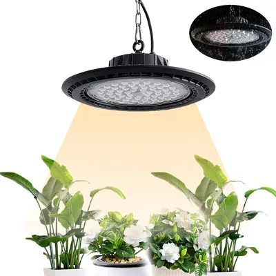A grow light illuminates several potted plants.