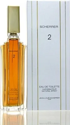 A bottle of Jean-Louis Scherrer Scherrer 2 Eau de Toilette for women and its packaging are displayed against a white background.