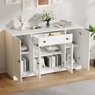 Produktbild von STILVORA Sideboard mit 4 Türen und 1 Schublade, Aufbewahrungsschrank mit 2 Glastüren, Wohnzimmerschrank für Wohnzimmer, Esszimmer und Flur, Weiß