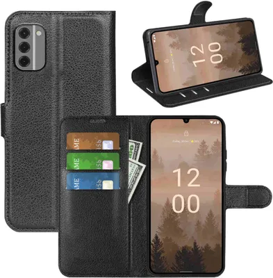 A collage of images showing a black leather flip phone case with card slots and a phone inside.