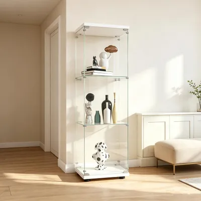 Productafbeelding van INONEFT Glazen displaykast, vrijstaand, wit, modern design, glazen en houten vitrine, verzamelvitrine, vitrinekast met 3 planken van gehard glas, 125.2x42.4x36.3 cm