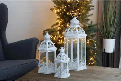 Image de Lanterne métallique Oriental Set de 3 pièces Blanc Décoration intérieure Lampe Photophore Éclairage