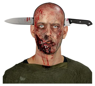 Produktbild von Messer im Kopf Partygag als Kostümzubehör für Halloween und Karneval, KI-generiertes Bild