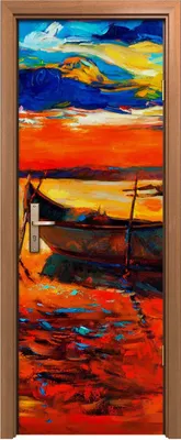 Produktbild von Türposter 70x200 cm Türaufkleber Türtapete Türfolie Klebefolie Sonnenuntergang Malerei Boote und Pier